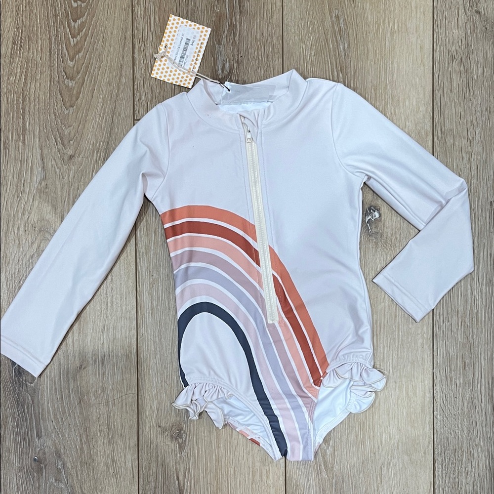 Oopsie Daisy Girls' Long Sleeve One-Piece Swimsuit with Rainbow Arc - White